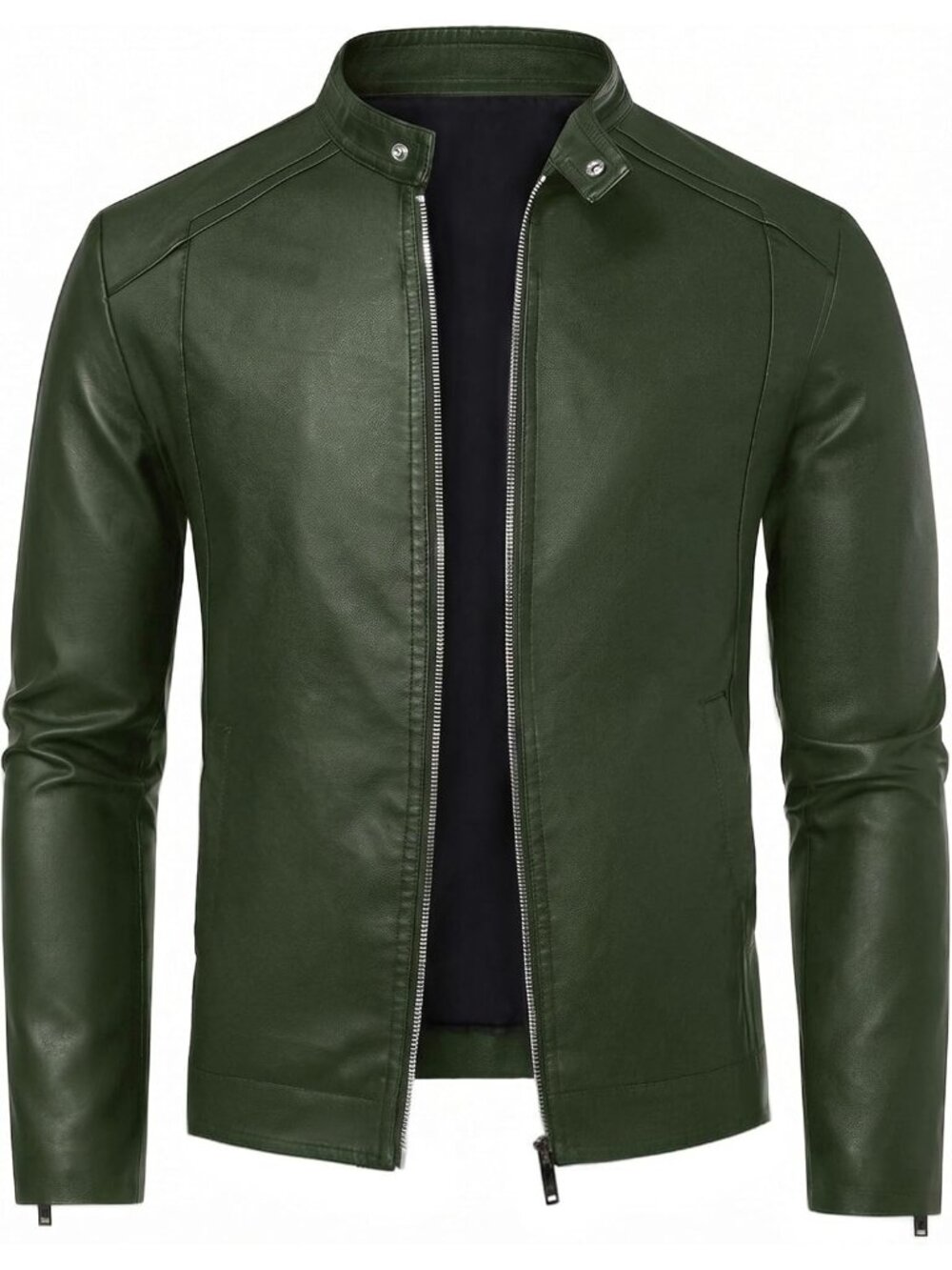 Men’s Army Green Faux Leather Motorcycle Moto Biker Jacket Stand Collar Coat